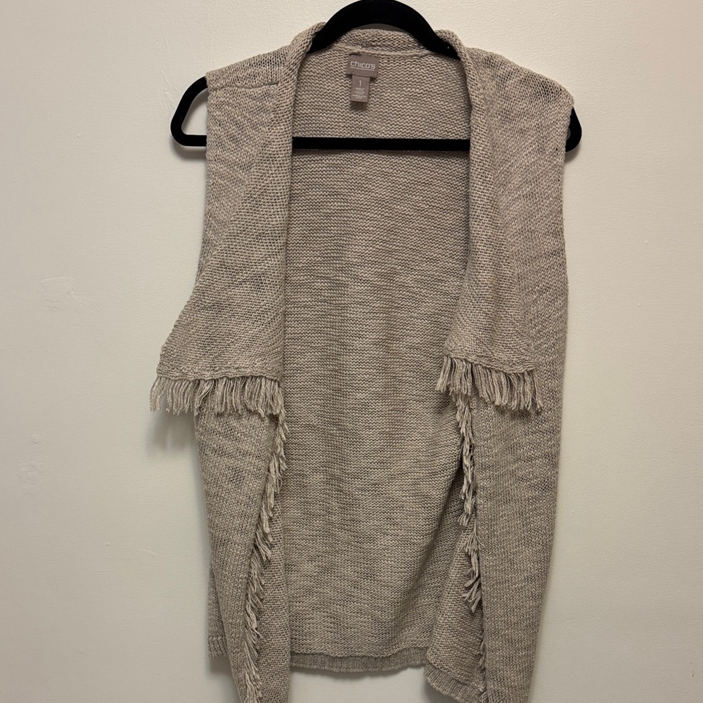 Chico's Taupe Fringe Knit Sleeveless Vest